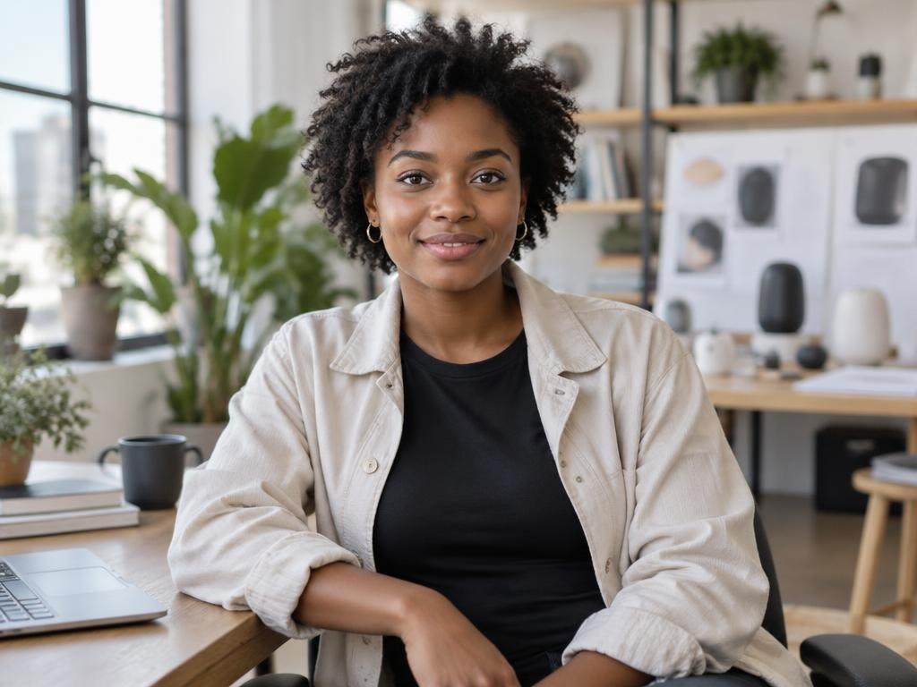 AI-generated portrait of Maya Ellis, a fictional technology founder & product builder